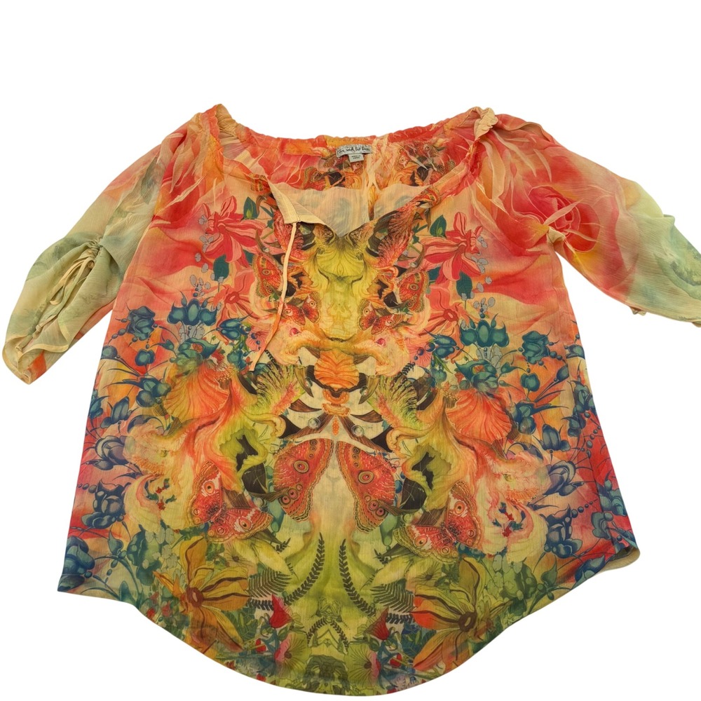 Live and Let Live Butterfly Floral Sheer Peasant Blouse Orange Yellow Large